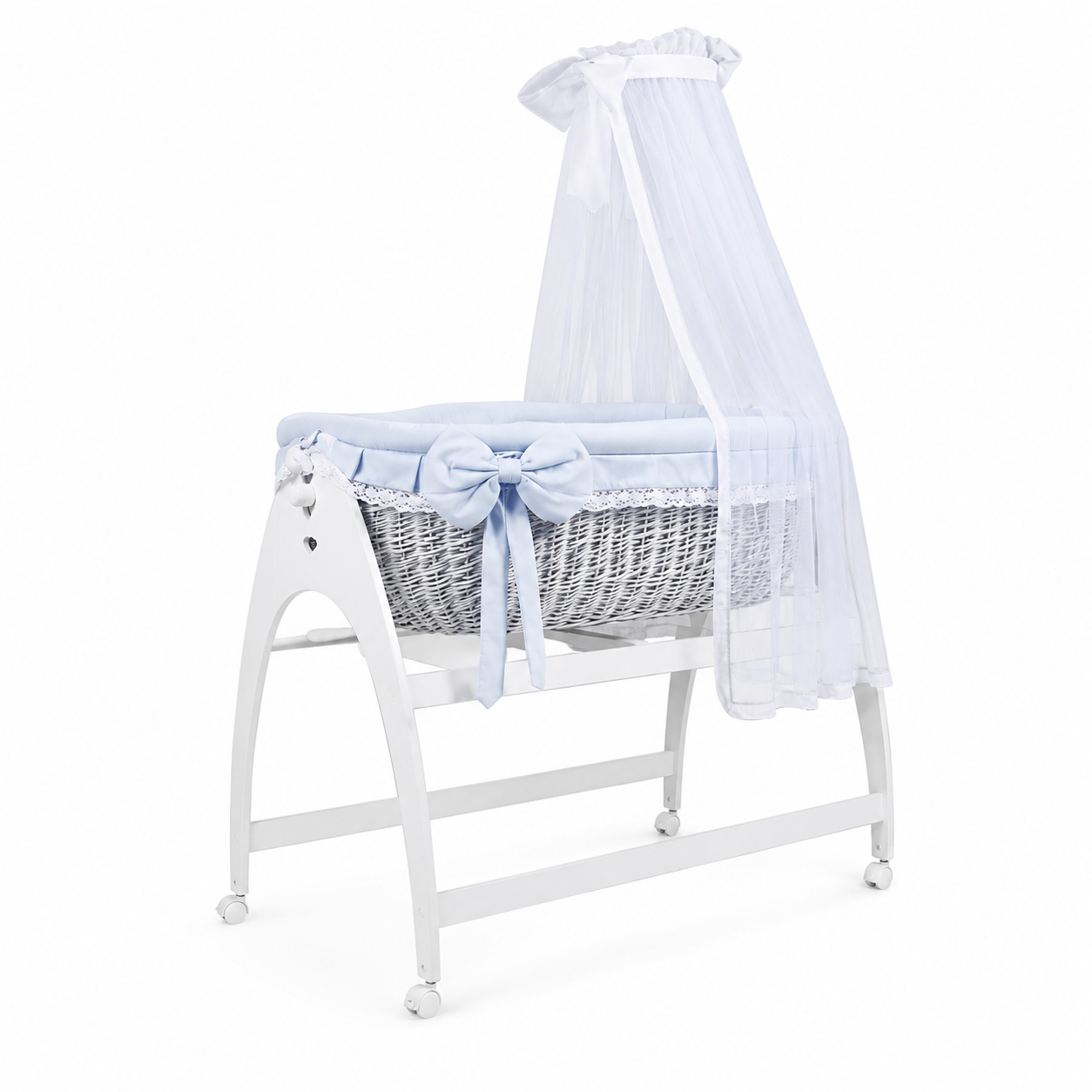 MJ Marks Miranda White Wicker Swinging Crib with Blue Lace Bedding & Drapes