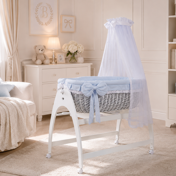 MJ Marks Miranda White Wicker Swinging Crib with Blue Lace Bedding & Drapes