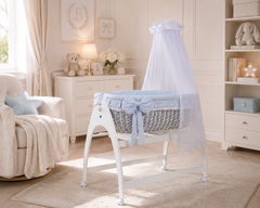 MJ Marks Miranda White Wicker Swinging Crib with Blue Lace Bedding & Drapes