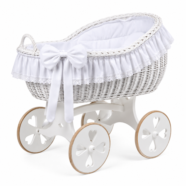MJ Marks Bianca White and White Lace Wicker Crib with Bedding - Heart Wheels
