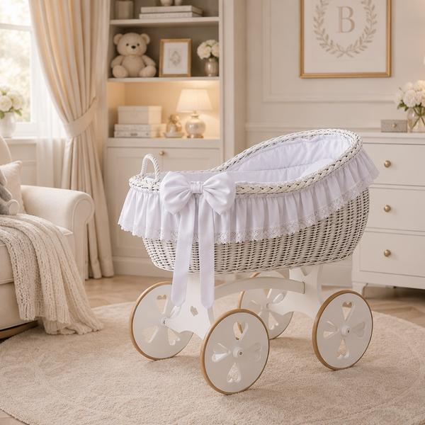 MJ Marks Bianca White and White Lace Wicker Crib with Bedding - Heart Wheels