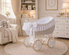 MJ Marks Bianca White and White Lace Wicker Crib with Bedding - Heart Wheels