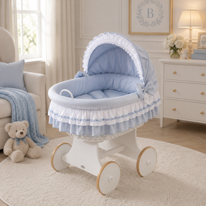 MJ Marks Luna White Wicker Crib with Blue Bedding