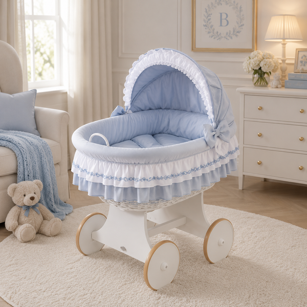MJ Marks Luna White Wicker Crib with Blue Bedding