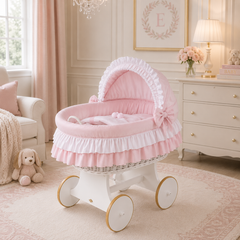 MJ Marks Luna White Wicker Crib with Pink Bedding