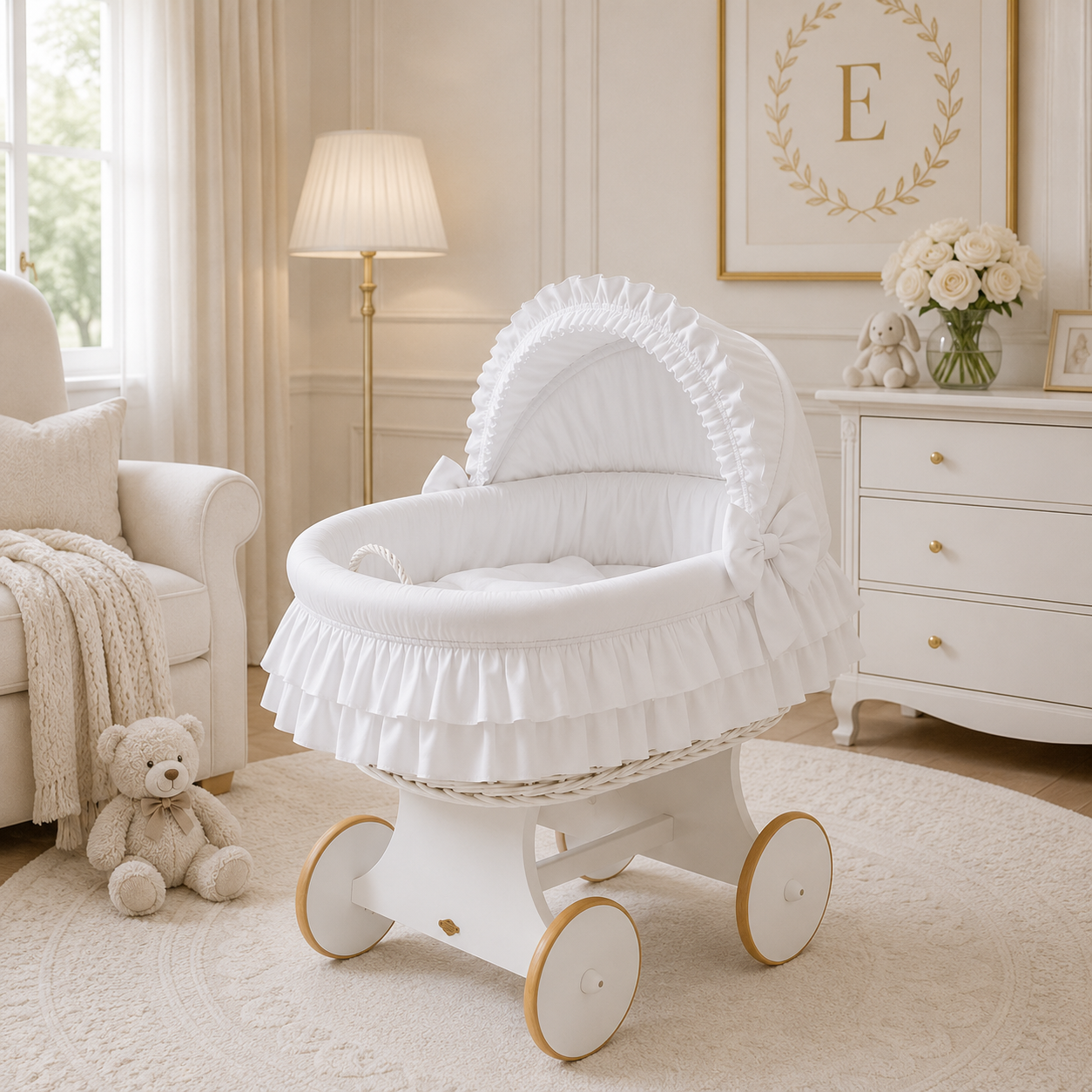 MJ Marks Luna White Wicker Crib with White Bedding