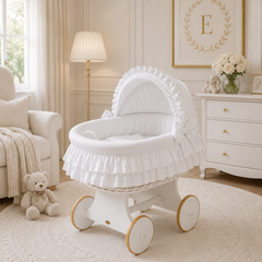 MJ Marks Luna White Wicker Crib with White Bedding