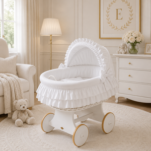 MJ Marks Luna White Wicker Crib with White Bedding