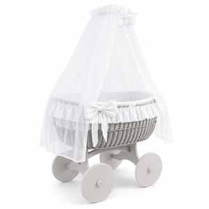 MJ Marks Ophelia Grey and White Wicker Crib with Drapes