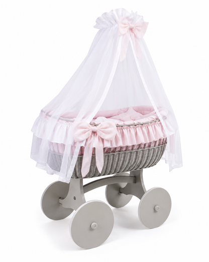 MJ Marks Ophelia Grey and Pink Wicker Crib with Drapes