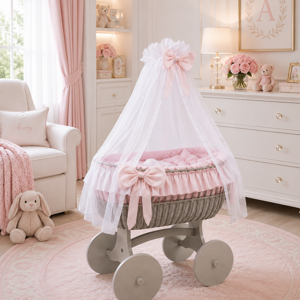 MJ Marks Ophelia Grey and Pink Wicker Crib with Drapes