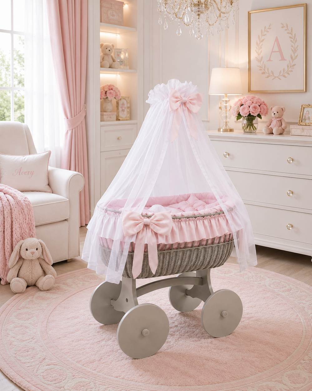 MJ Marks Ophelia Grey and Pink Wicker Crib with Drapes