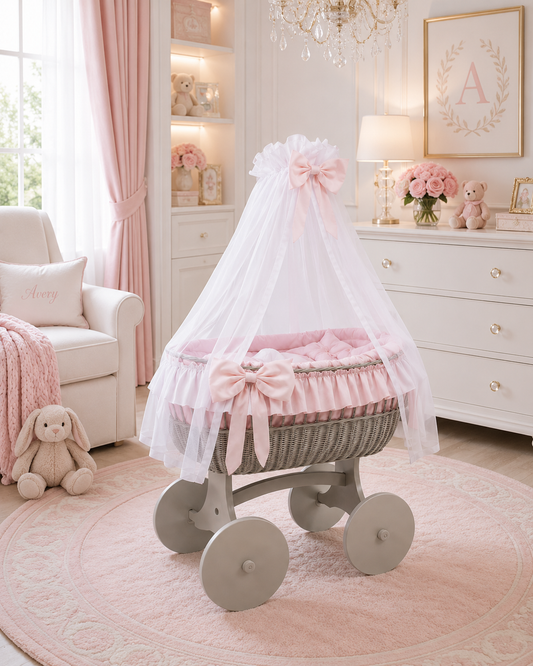 MJ Marks Ophelia Grey and Pink Wicker Crib with Drapes
