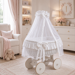 MJ Marks Ophelia White and White Wicker Crib with Drapes