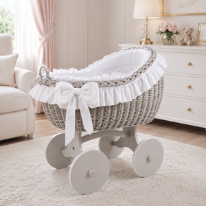 MJ Marks Bianca White and Grey Wicker Crib with Bedding