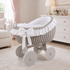 MJ Marks Bianca White and Grey Wicker Crib with Bedding