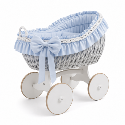 MJ Marks Bianca White and Blue Wicker Crib with Bedding