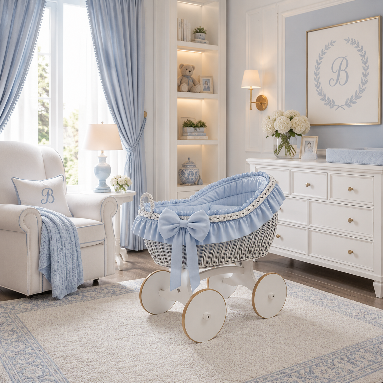 MJ Marks Bianca White and Blue Wicker Crib with Bedding