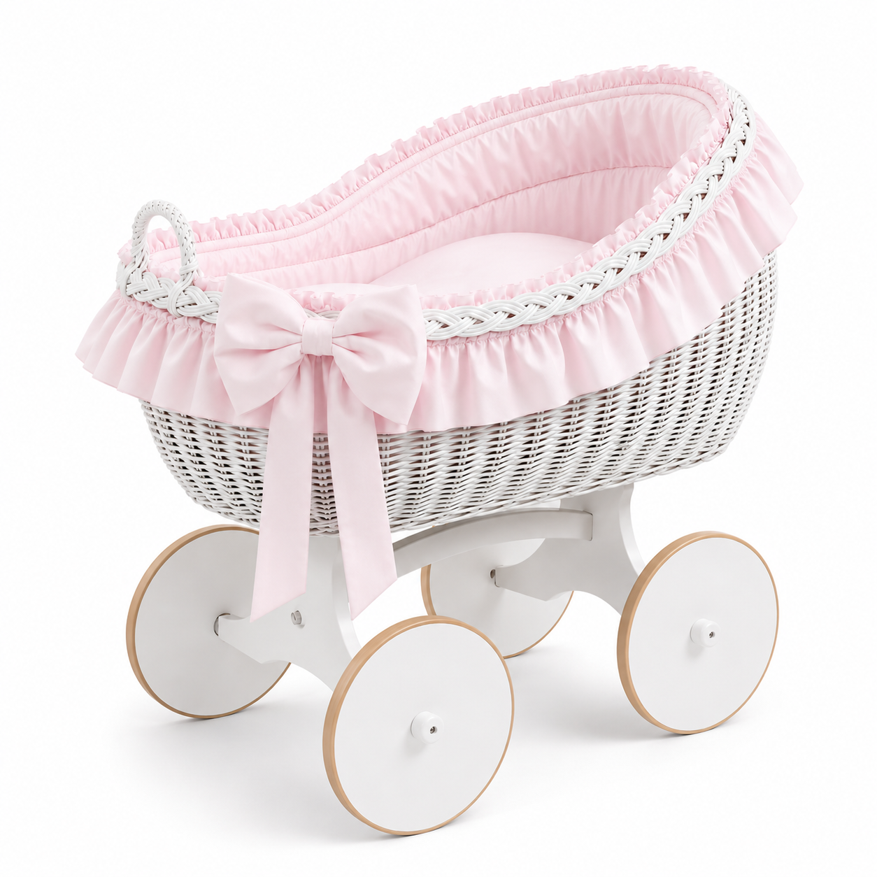 MJ Marks Bianca White and Pink Wicker Crib with Bedding
