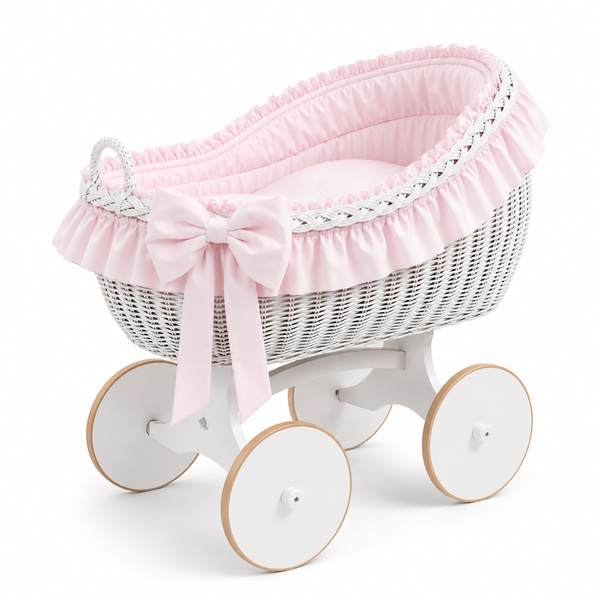 MJ Marks Bianca White and Pink Wicker Crib with Bedding
