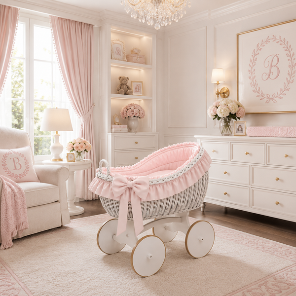 MJ Marks Bianca White and Pink Wicker Crib with Bedding
