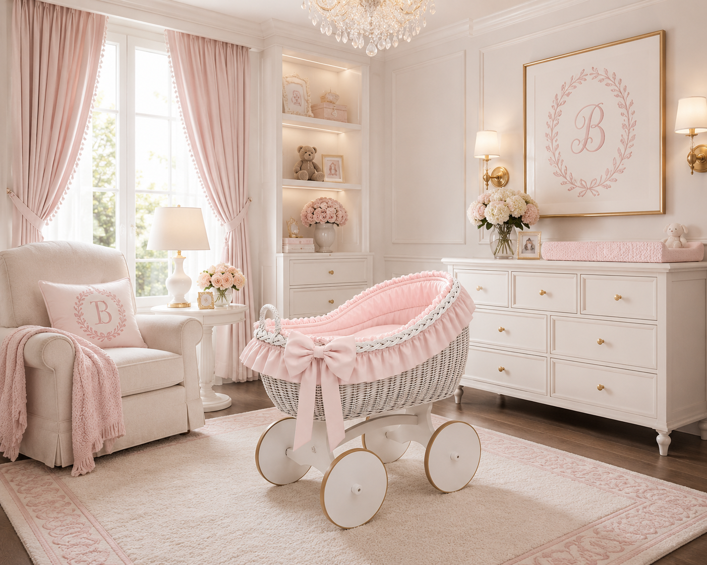 MJ Marks Bianca White and Pink Wicker Crib with Bedding