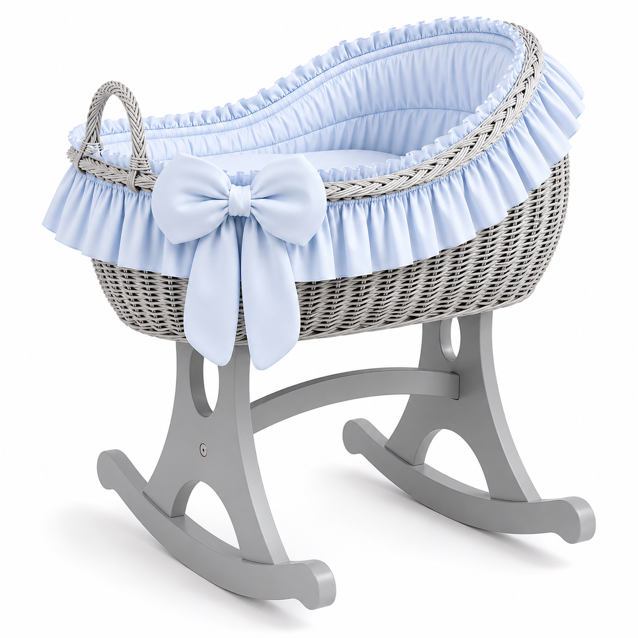 MJ Marks Bianca Grey Wicker Rocking Crib with Blue Bedding
