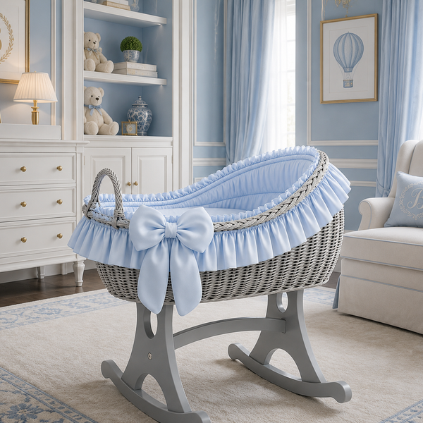MJ Marks Bianca Grey Wicker Rocking Crib with Blue Bedding