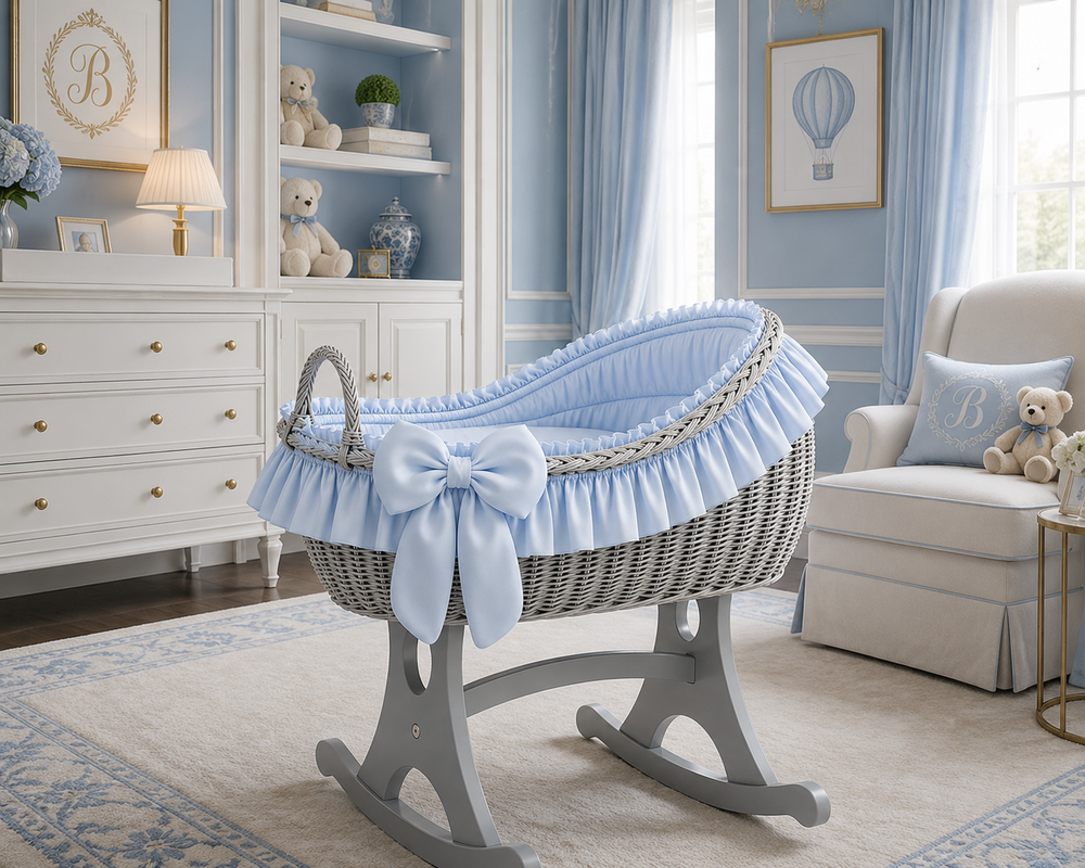 MJ Marks Bianca Grey Wicker Rocking Crib with Blue Bedding