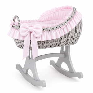 MJ Marks Bianca Grey Wicker Rocking Crib with Pink Bedding