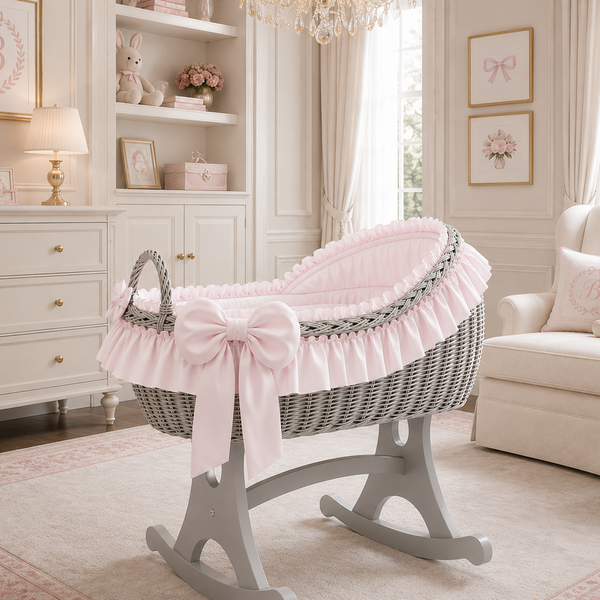 MJ Marks Bianca Grey Wicker Rocking Crib with Pink Bedding