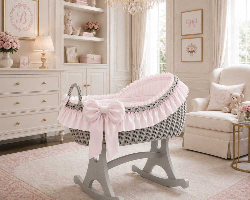MJ Marks Bianca Grey Wicker Rocking Crib with Pink Bedding
