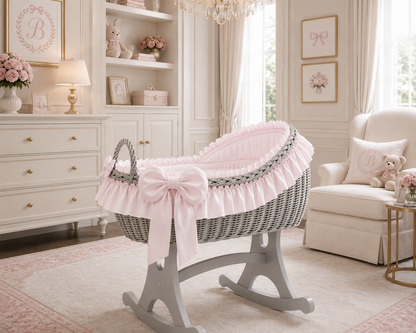 MJ Marks Bianca Grey Wicker Rocking Crib with Pink Bedding