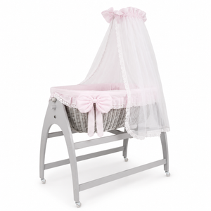 MJ Marks Miranda Grey Wicker Swinging Crib with Pink Bedding & Drapes