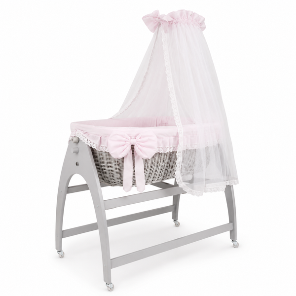 MJ Marks Miranda Grey Wicker Swinging Crib with Pink Bedding & Drapes