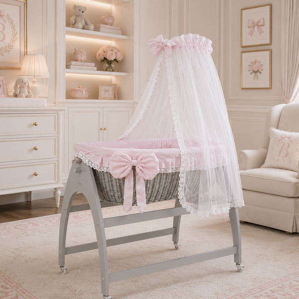 MJ Marks Miranda Grey Wicker Swinging Crib with Pink Bedding & Drapes