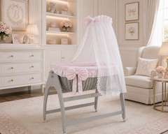 MJ Marks Miranda Grey Wicker Swinging Crib with Pink Bedding & Drapes