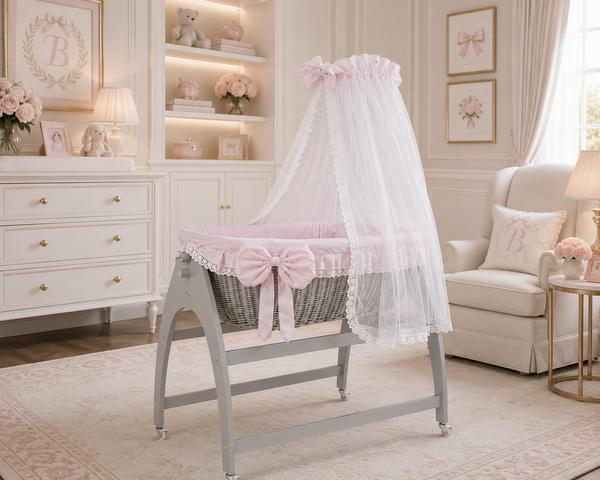 MJ Marks Miranda Grey Wicker Swinging Crib with Pink Bedding & Drapes