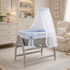 MJ Marks Miranda Grey Wicker Swinging Crib with Blue Bedding & Drapes
