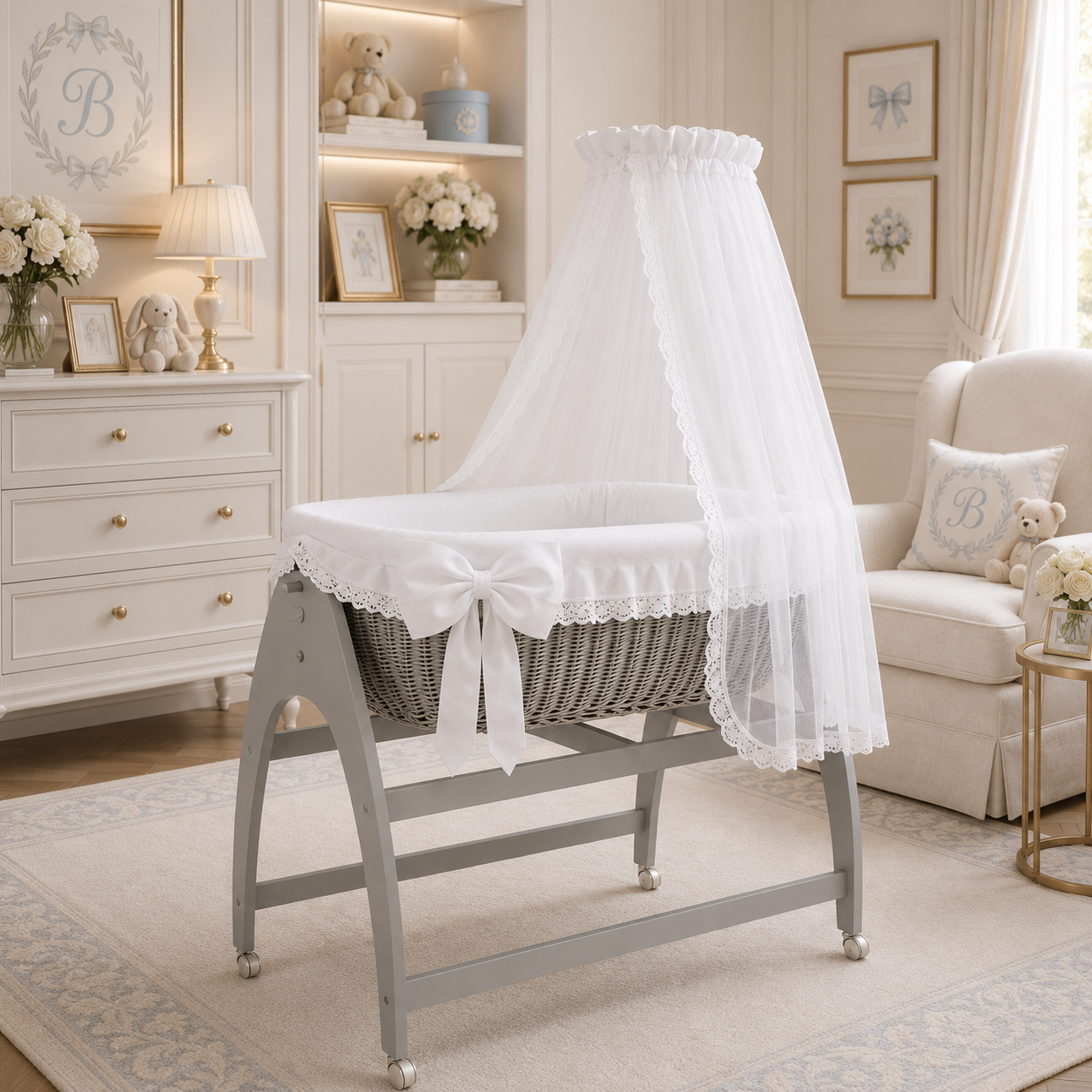 MJ Marks Miranda Grey Wicker Swinging Crib with White Bedding & Drapes