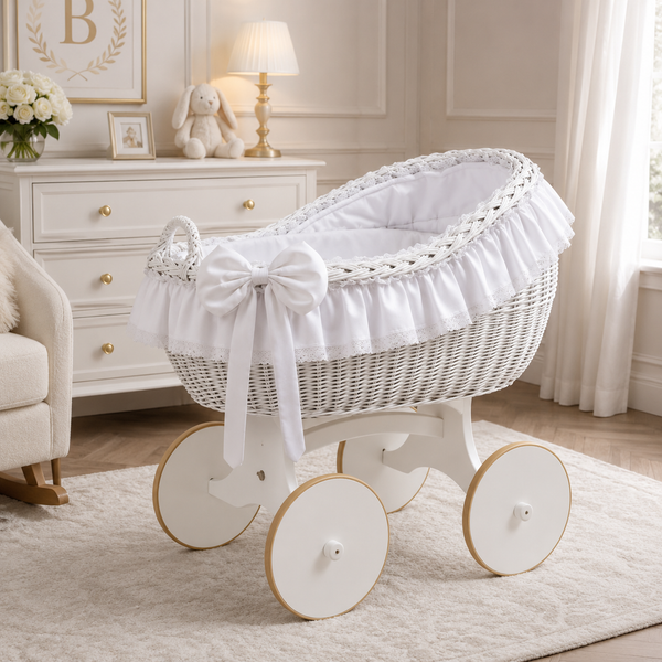 MJ Marks Bianca White and White Wicker Crib with Lace Bedding
