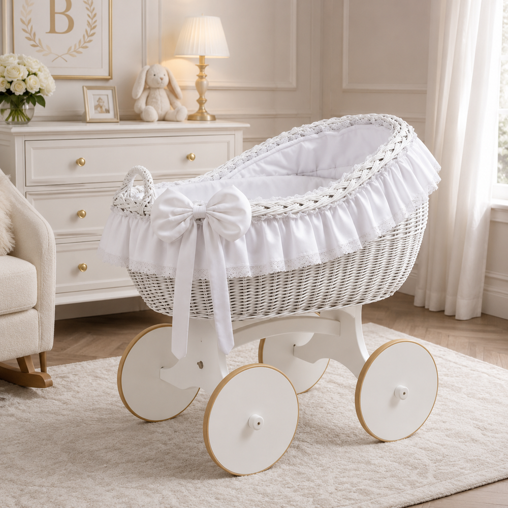 MJ Marks Bianca White and White Wicker Crib with Lace Bedding