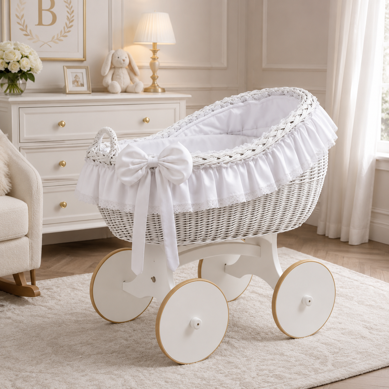 MJ Marks Bianca White and White Wicker Crib with Lace Bedding
