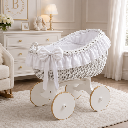 MJ Marks Bianca White and White Wicker Crib with Lace Bedding