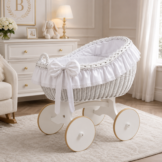MJ Marks Bianca White and White Wicker Crib with Lace Bedding