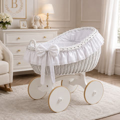 MJ Marks Bianca White and White Wicker Crib with Lace Bedding