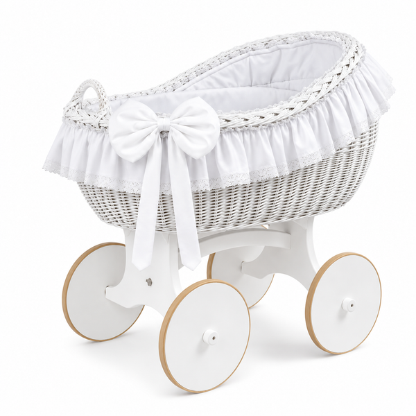 MJ Marks Bianca White and White Wicker Crib with Lace Bedding