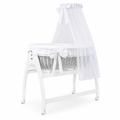 MJ Marks Miranda White Lace Wicker Swinging Crib with Drapes