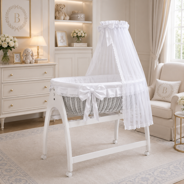 MJ Marks Miranda White Lace Wicker Swinging Crib with Drapes
