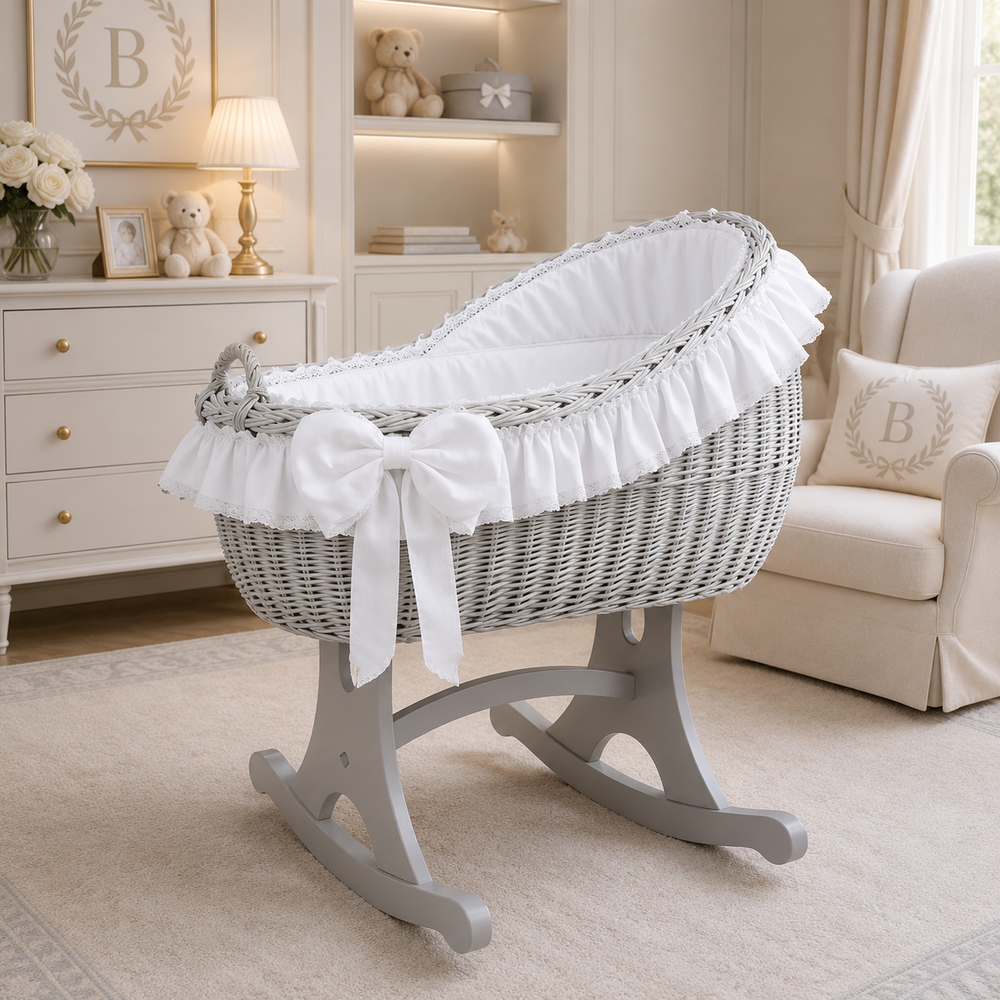 MJ Marks Bianca Grey Wicker Rocking Crib with White Bedding